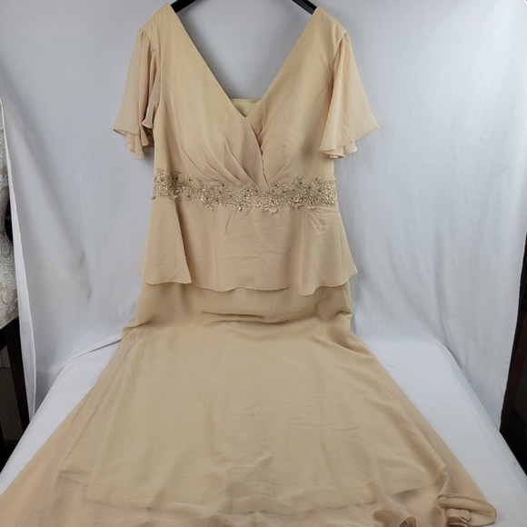 NWOT beige flutter sleeve embroidered peplum chiffon overlay laceup formal dress - Picture 1 of 10